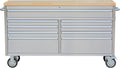 PeakPursuit 61' Rolling Tool Chest with 9 Drawers, Solid Rubber Wood Workbench Top, Locking Wheels & Key Lock, Mobile Garage Tool Cabinet for Workshop Storage & Organization, Silver