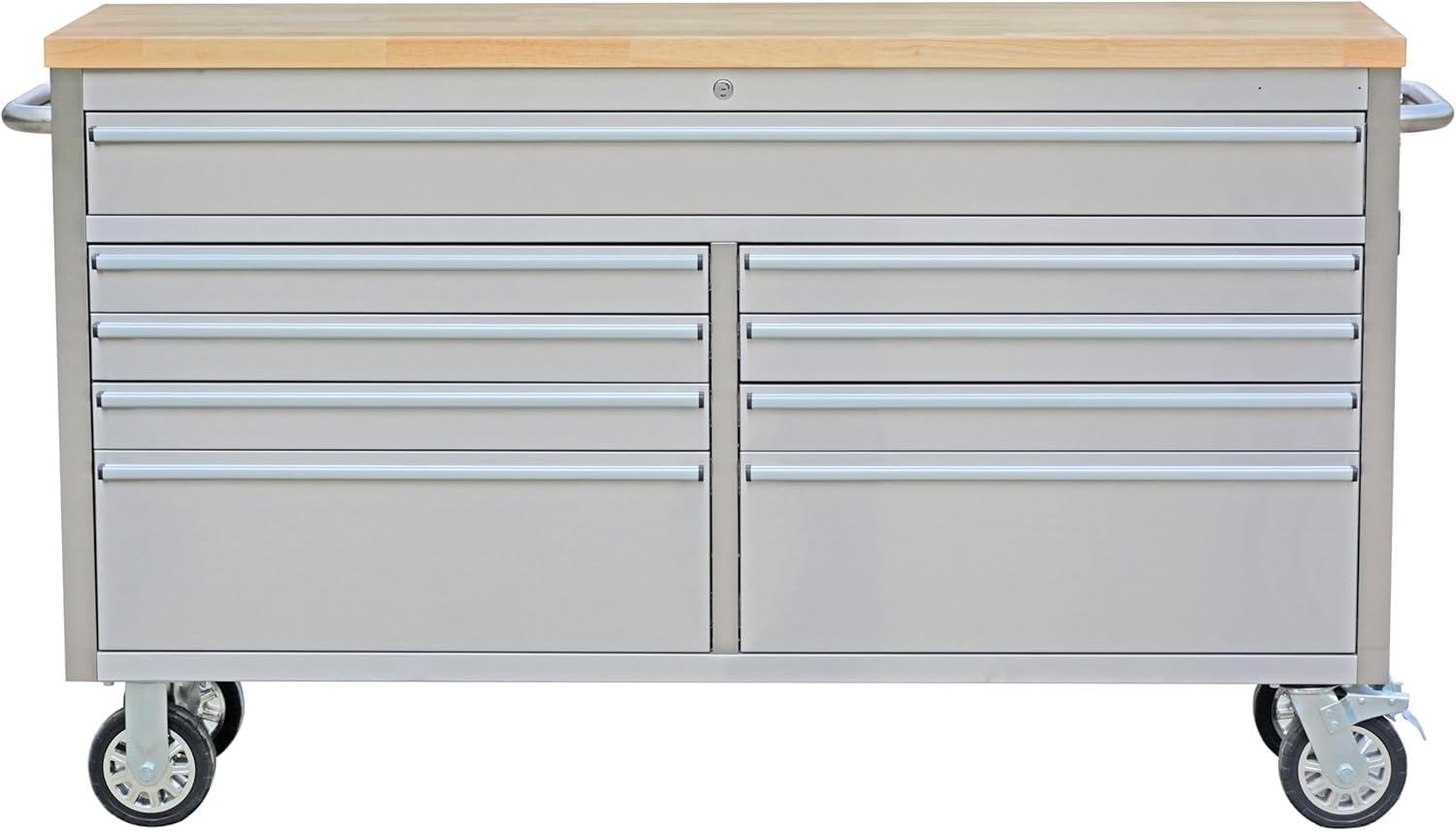 PeakPursuit 61' Rolling Tool Chest with 9 Drawers, Solid Rubber Wood Workbench Top, Locking Wheels & Key Lock, Mobile Garage Tool Cabinet for Workshop Storage & Organization, Silver