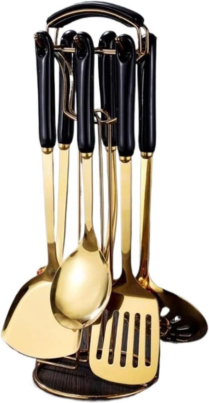Stainless Steel Cooking Utensils Spoons Spatulas Kitchen Cookware Bakeware Gadgets Tools 7 Pieces Sets(Schwarz)