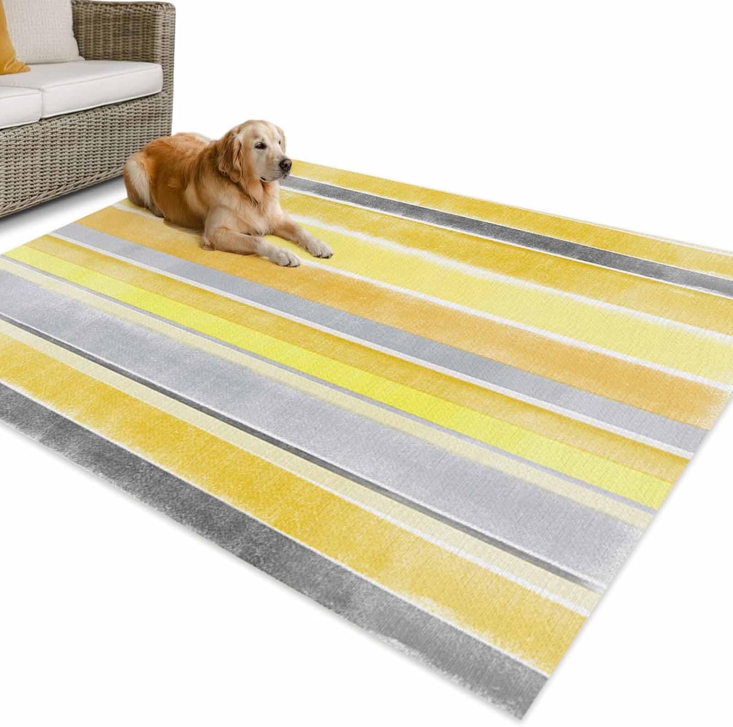 Outdoor Rug 4x6ft Classic Yellow Gray Stripes Patio Area Rugs Waterproof Easy Cleaning Non Shedding Thick Mats Europe Carpet for Indoor Outdoor Porch Deck Backyard Balcony