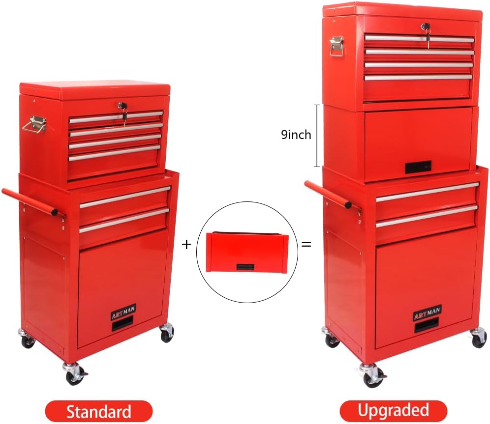 Tool Cabinet on Wheels, 6-Drawer Lockable Rolling Tool Chest w/ 4 Universal Wheels, 2 in 1 Detachable Tool Box Storage Organizer for Garage Workshop Repair Shop,RED