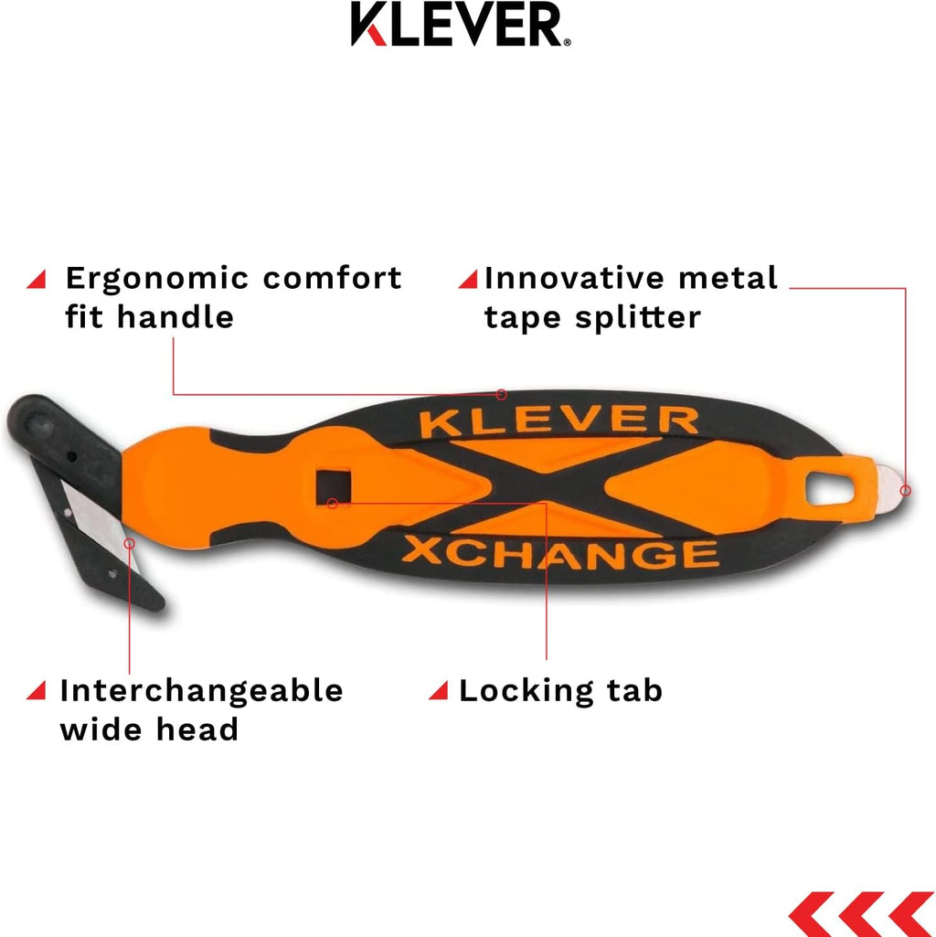 Klever XChange Box Cutter, Klever Kutter Package Opener Wide Cut Head, Ergonomic Soft Touch Handle Utility Knife, Cuts Thicker Substrates, Boxes, Film, Tape and More, Orange, 10 Pack (KCJ-XC-30G)
