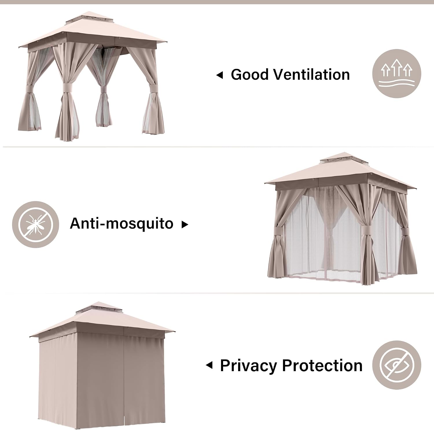 LAUSAINT HOME Patio Gazebo 8'x8', Outdoor Heavy Duty Party Tent Shelter with Double Roofs, Mosquito Nettings and Privacy Screens for Backyard, Garden, Lawn, Khaki