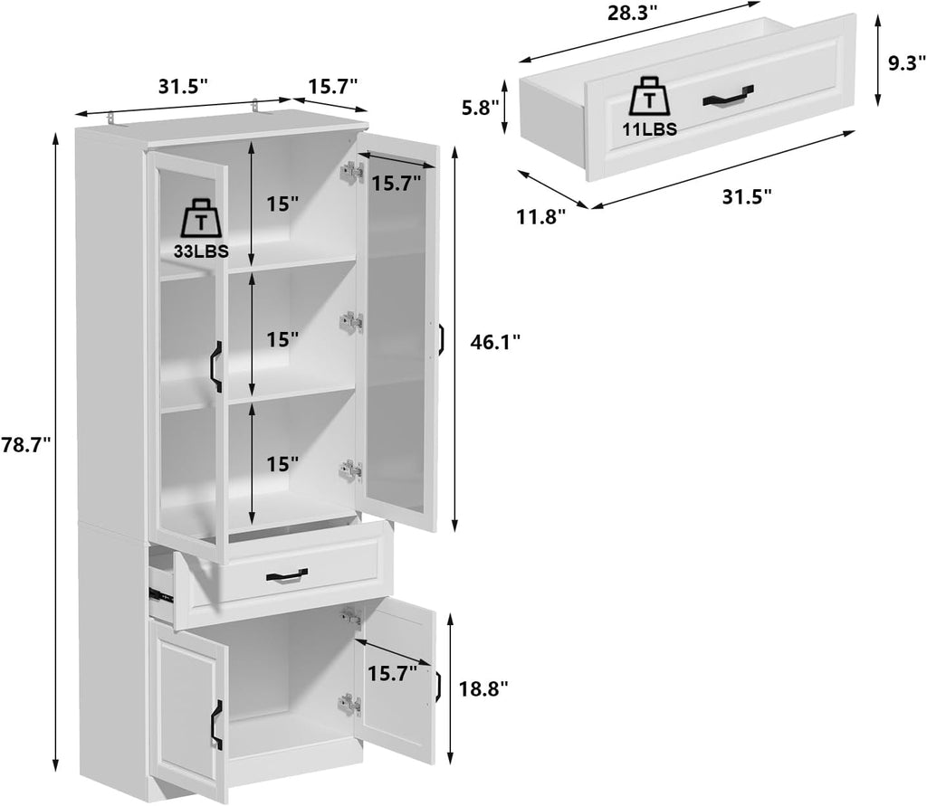 Tall Bookshelf with Glass Doors & Drawers, Large Storage Cabinet Home Office Bookcase with Doors & Shelves, Glass Display Cabinet for Living Room, White (63' W x 15.7' D x 78.9' H)