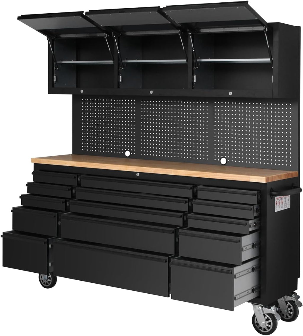 75' Tool Chest Tool Box, Heavy Duty Tool Chest Cabinet with 15 Drawers and 3 Upper Cabinets Combination Tool Cabinet, Large Tool Bench Organizer with Wood Top and Pegboard for Garage, Black