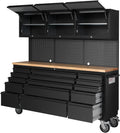 75' Tool Chest Tool Box, Heavy Duty Tool Chest Cabinet with 15 Drawers and 3 Upper Cabinets Combination Tool Cabinet, Large Tool Bench Organizer with Wood Top and Pegboard for Garage, Black