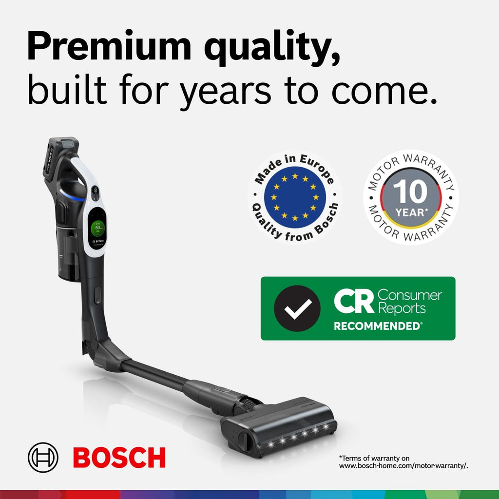 Bosch Unlimited 10 Cordless Stick Vacuum Cleaner - Up to 80 Min Battery, Pet Hair, Hard Floors, Carpets, HEPA Filter, Bendable Tube for Under Furniture, Upholstery, 3 Accessories, White