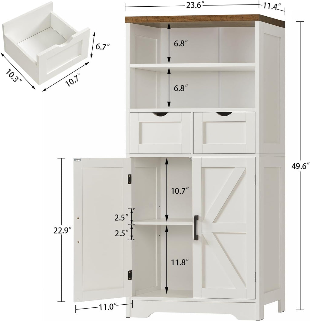 TEENFON Storage Cabinet with Doors & 2 Drawers, Kitchen Cabinet with Adjustable Shelf, Pantry Cabinets, Bathroom Cabinets, for Living Room, Entryway, Home Office, White