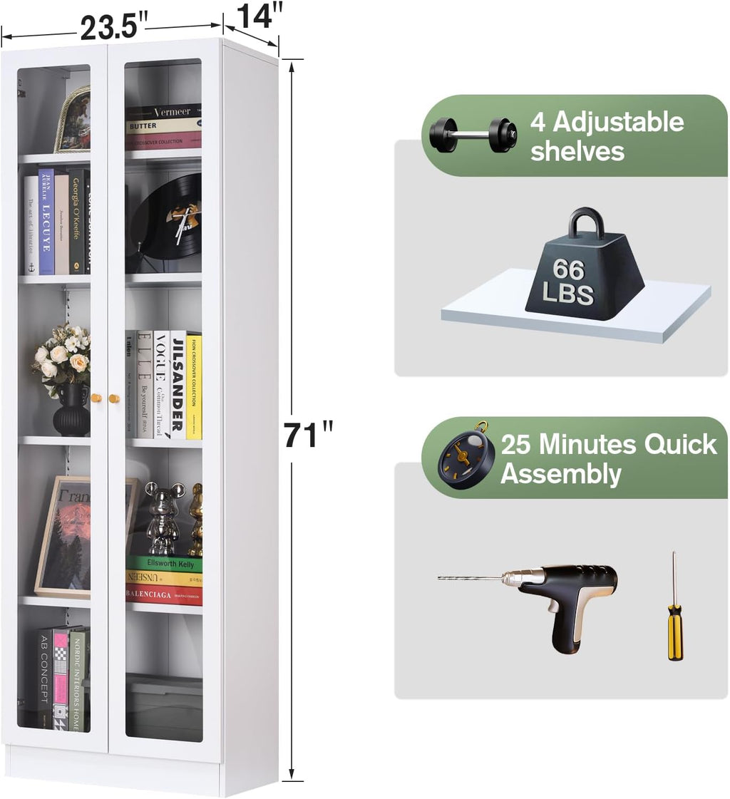IRONMIX Modern Display Cabinet with Doors, Curio Cabinet with 4 Adjustable Shelves, 5-Tier Display Case, 71' Tall Display Shlef for Living Room, Tall Bookcase for Home Office (23.5 W, White)