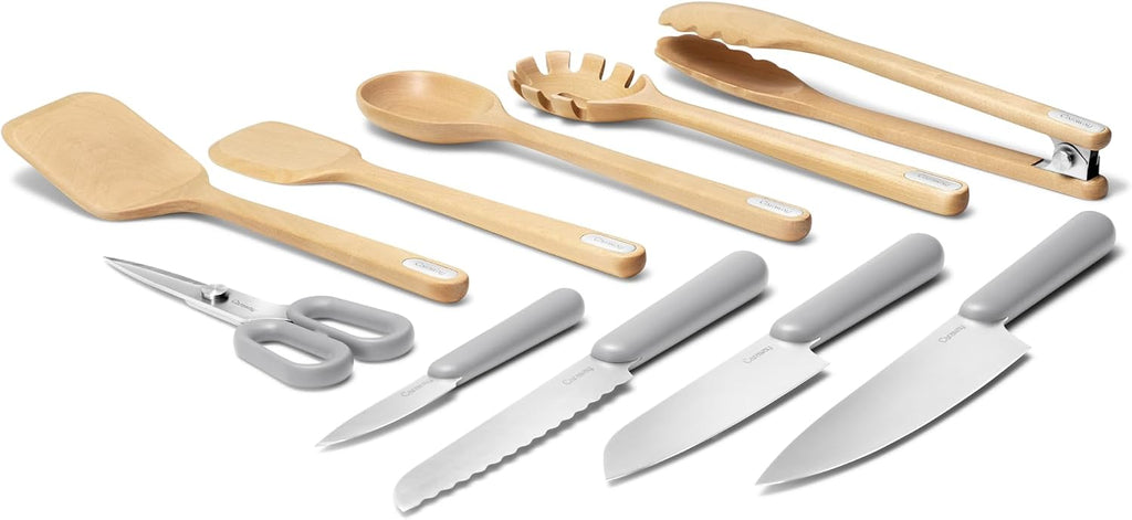 Caraway Kitchen Knife Set & Wooden Utensil Set - Made With Premium German Steel Blades & FSC-Certified Birch Wood - Non-Toxic Materials - Gray