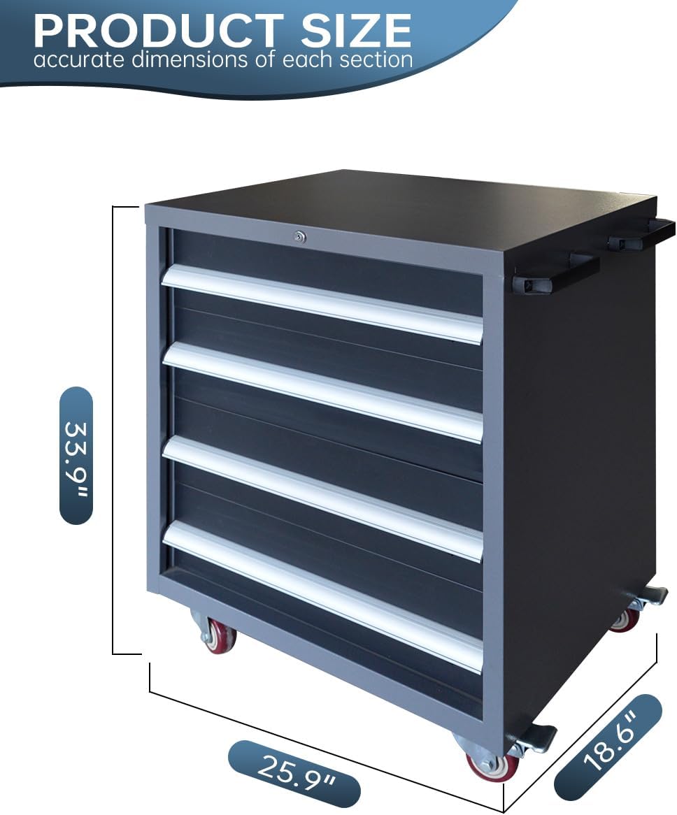 JZD Metal Rolling Tool Storage Cart on Wheels with 4 Lockable Drawers, Heavy Duty, for Garage Workshop, Black & Grey