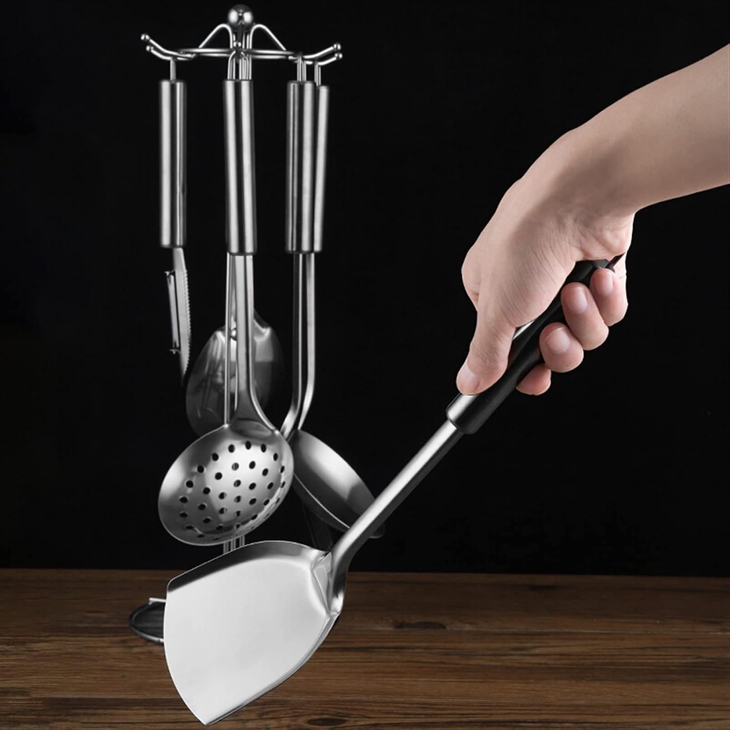 7-Pieces Kitchen Utensil Set -Stainless Steel Specialty Chinese Wok Utensil Set Cooking Utensils with Rotating Holder for Baking Cooking Lightweight and Durable