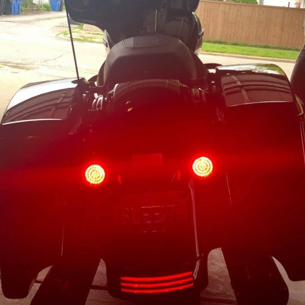 Eagle Lights 8748RTS-EE 2 Inch Rear LED Turn Signals with Halo Running Lights and Brake Lights Compatible With Harley Davidson® Motorcycles - Generation I / 1157 Base/Red/Add Load Equalizer