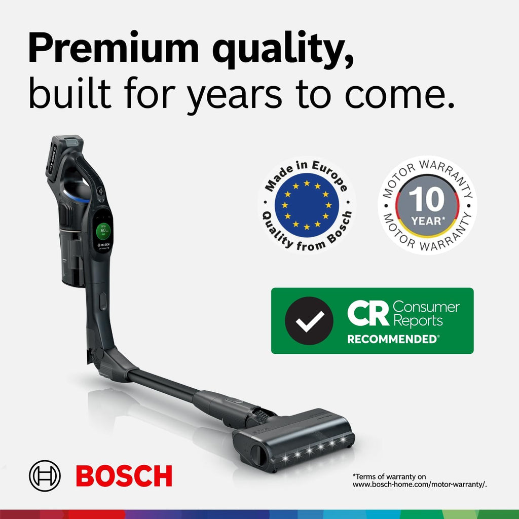 Bosch Unlimited 10 Cordless Stick Vacuum Cleaner - Up to 80 Min Battery, Fast Charger, Pet Hair, Hard Floors and Carpets, HEPA Filter, MicroClean Brush, Bendable Tube, 6 Accessories, Black