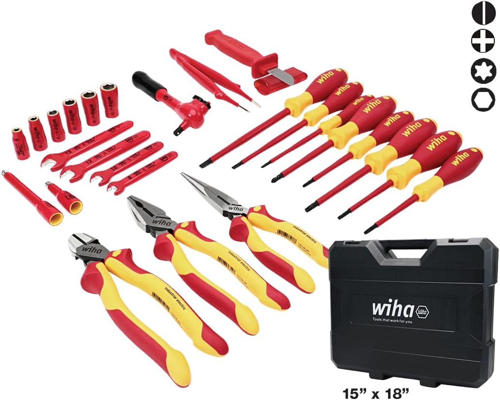 Wiha 91890 26-Piece Insulated EV & Hybrid Tool Set, 1000V VDE Rated, Sockets, Ratchets, Pliers, Screwdrivers