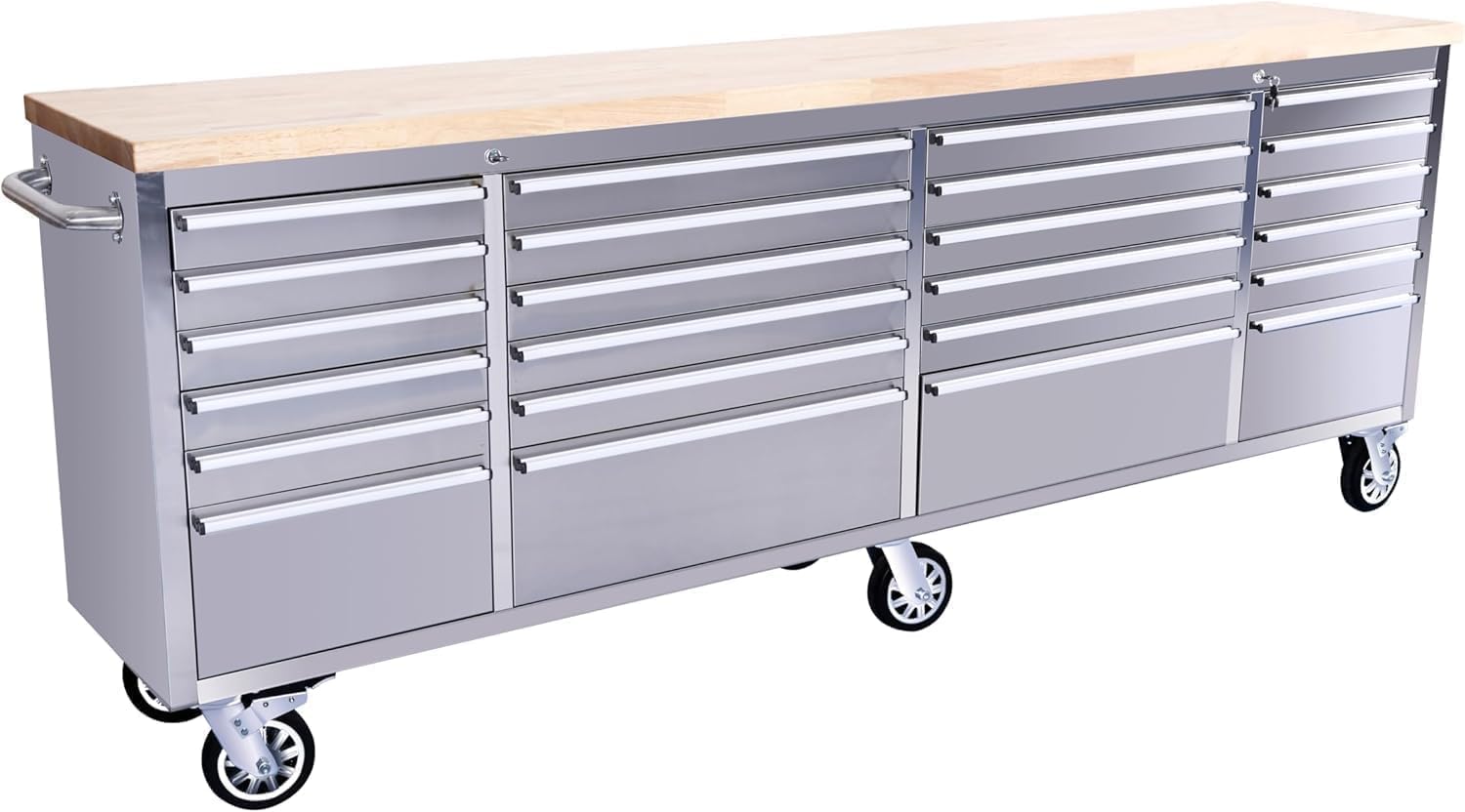 PeakPursuit 96' Rolling Tool Chest with 24 Drawers, Solid Rubber Wood Workbench Top, Locking Wheels & Key Lock, Mobile Garage Storage Cabinet for Workshop Organization, Silver