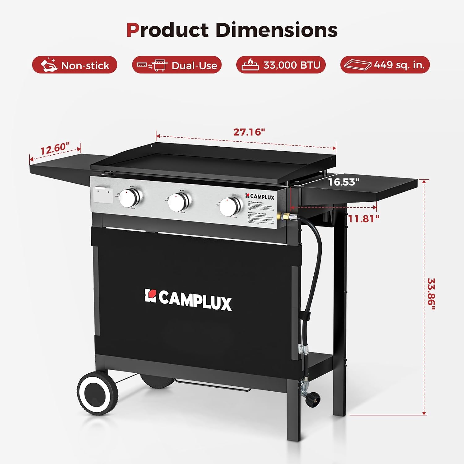 CAMPLUX Propane Griddle Flat Top, 3-Burner Gas Griddle with 3mm Thick Non-Deformable Plate & Ceramic Non-Stick Coating, 33,000 BTU Outdoor Cooking Station with Wheels and Side Shelves for Camping