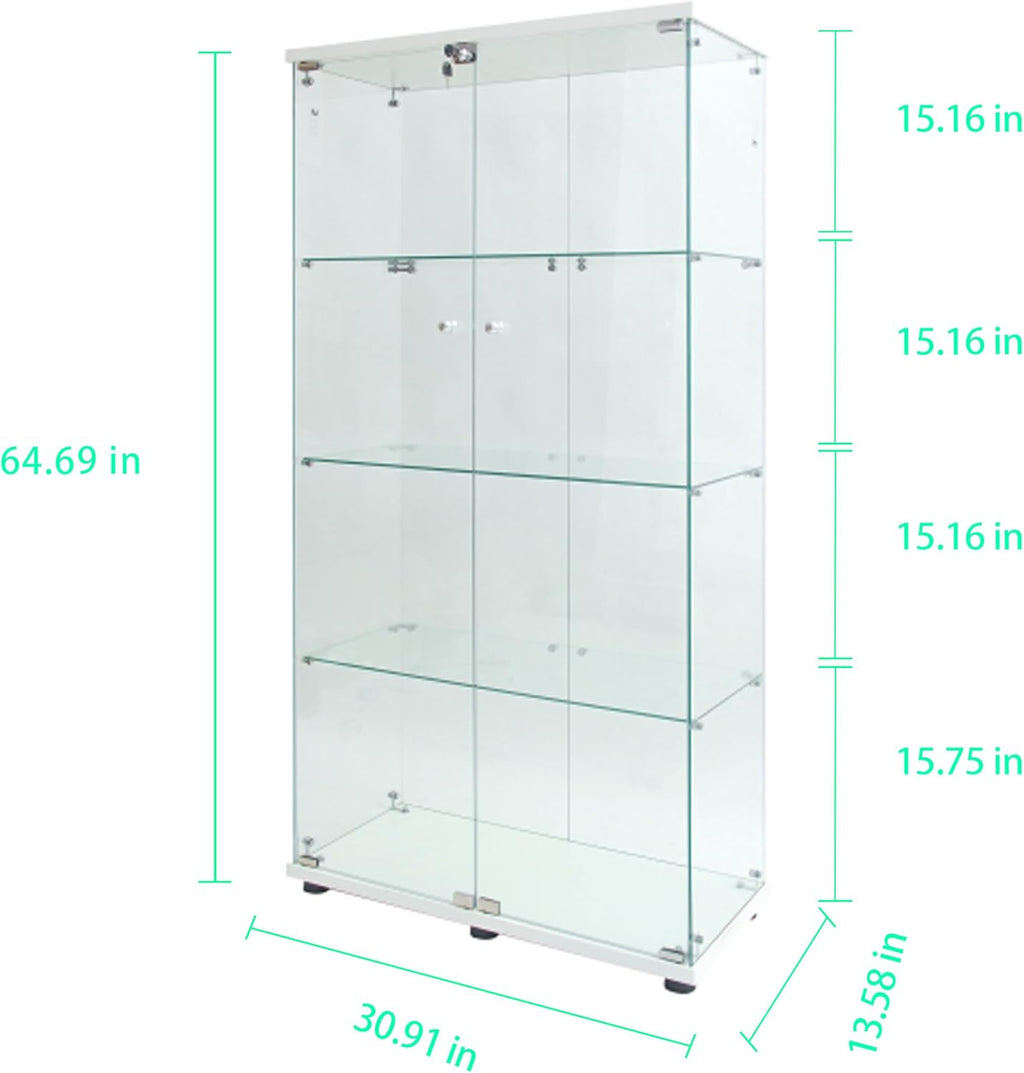 64.69' Tall Tempered Glass Display Cabinet with LED Lights, Curio Cabinet with 4 Shelves with 2 Door, Quick-Install Style Floor Standing Bookshelf File Cabinet for Living Room Office