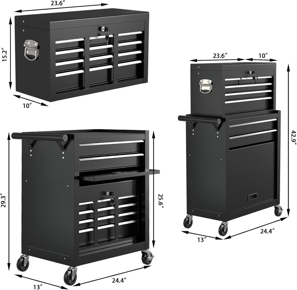 8-Drawer High Capacity Tool Chest with 4 Wheels,Lockable Rolling Tool Box and Tool Storage Cabinet,Removable Portable Set-Top Box Tool Organizer with Drawer for Garage Factory Workshop (Black)