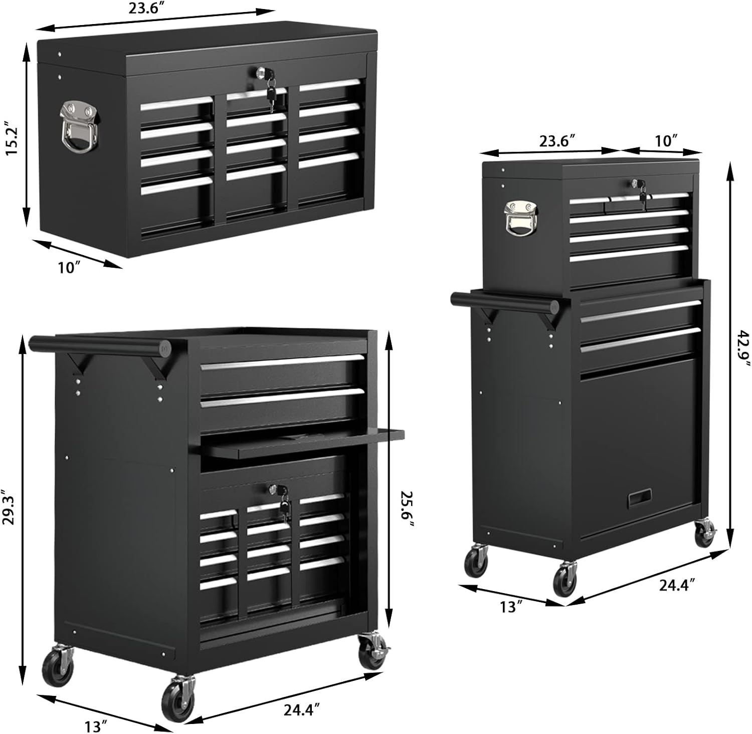 8-Drawer High Capacity Tool Chest with 4 Wheels,Lockable Rolling Tool Box and Tool Storage Cabinet,Removable Portable Set-Top Box Tool Organizer with Drawer for Garage Factory Workshop (Black)