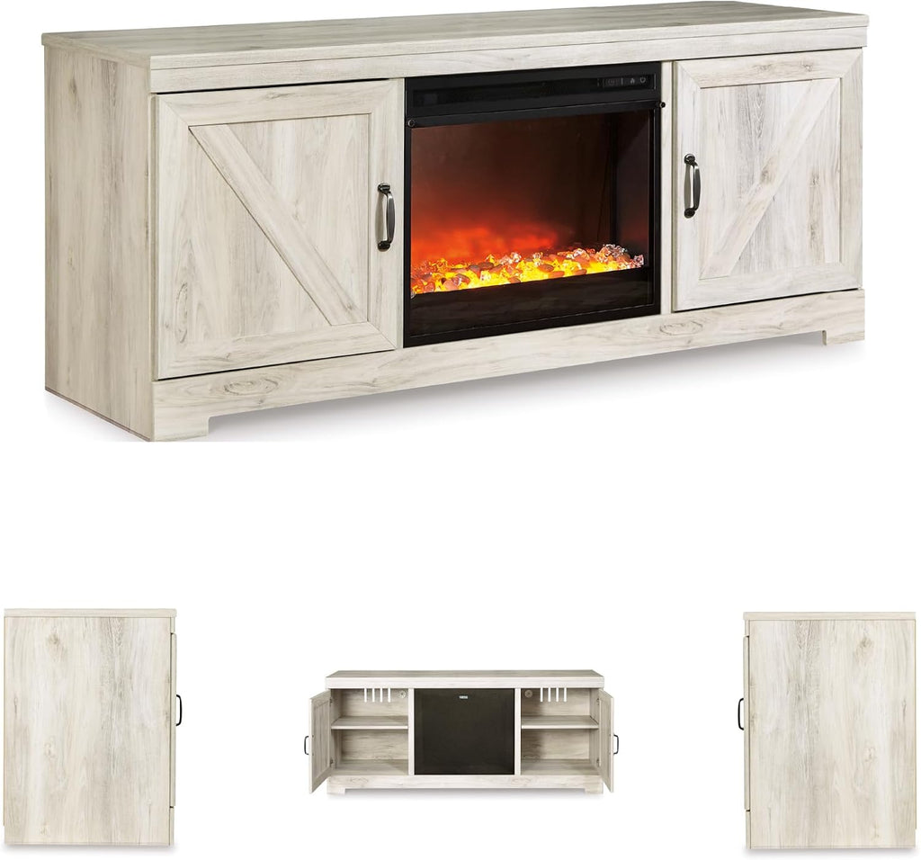 Signature Design by Ashley Bellaby Farmhouse 63' TV Stand with Fireplace for TVs up to 72', Whitewash