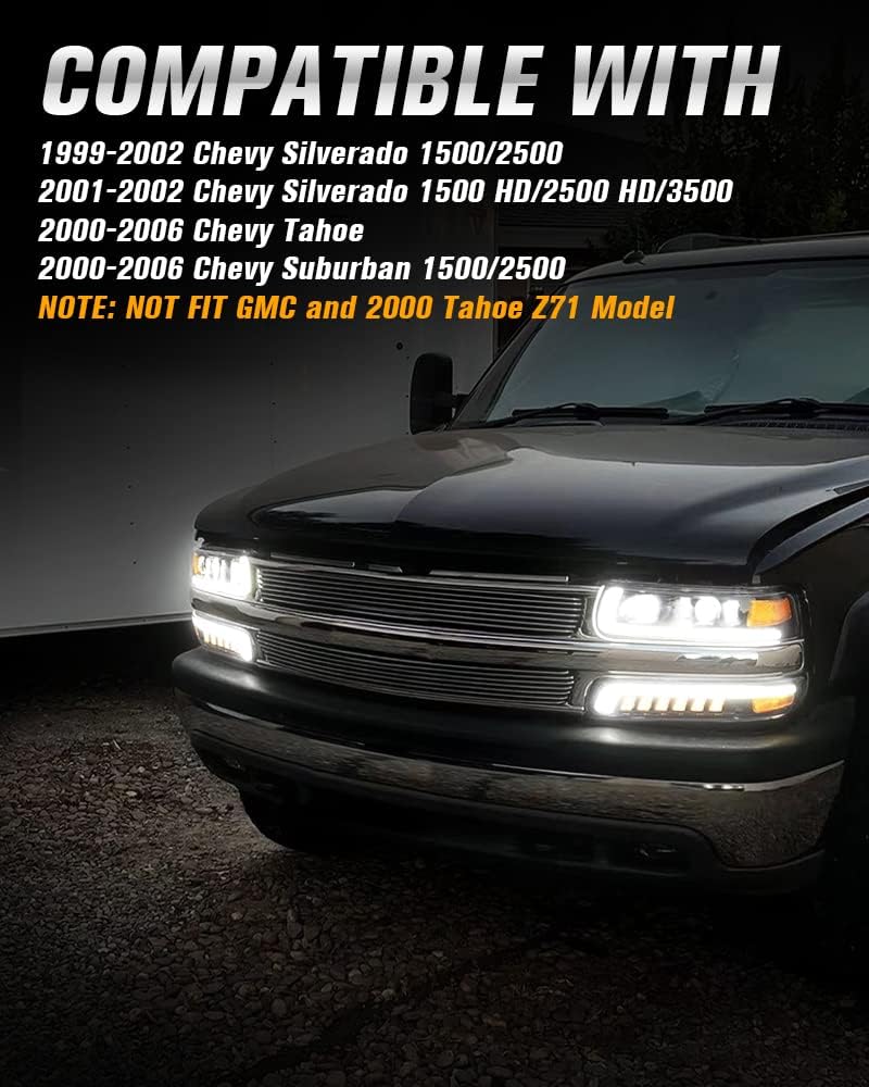 RAMJET4X4 LED Headlights Assembly Headlamps Replacement Compatible with 1999-2002 Chevy Silverado 2000-2006 Chevy Suburban 00-06 Tahoe DRL Turn Signal Hi/Low Beam with Bulbs (NOT FIT for GMC)