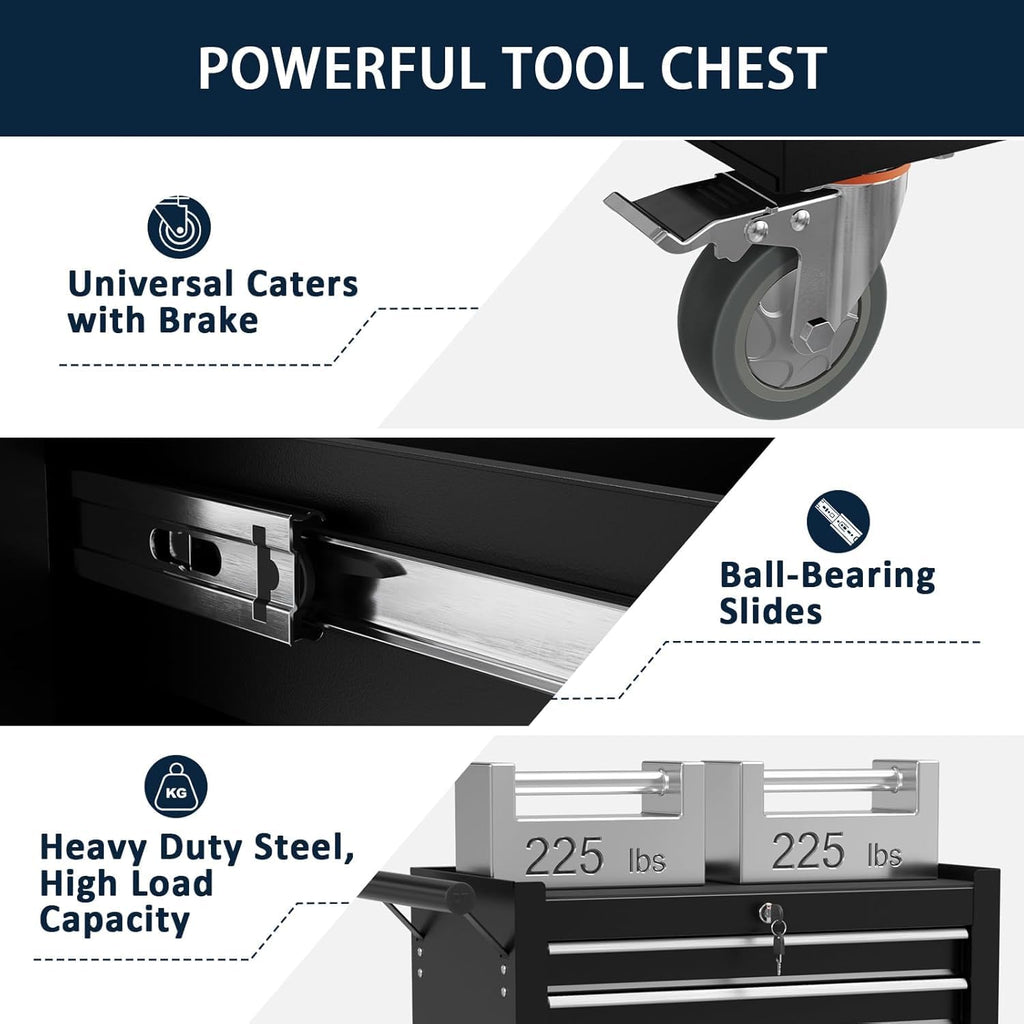 7-Drawer Metal Rolling Tool Chest with Wheels,Tool Storage Cabinet with Locking System，Toolbox with Wheels for Garage,Workshop, Repair Shop(Black, 7-Drawer)