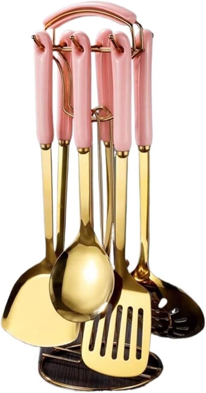 Stainless Steel Cooking Utensils Spoons Spatulas Kitchen Cookware Bakeware Gadgets Tools 7 Pieces Sets(Pink)