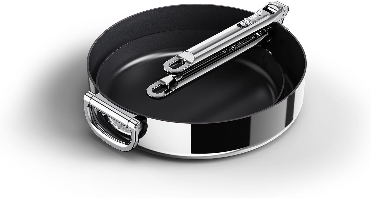 Joseph Joseph Space Steel 2-Piece Nonstick Stainless-Steel Frying Pan Skillet Set, Nesting with Folding Handles, Induction & Oven Safe