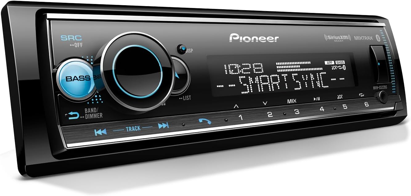 Pioneer MVH-S522BS 1-Din Digital Media Receiver – Bluetooth, SiriusXM, Color Change, USB, FLAC, Voice Control, 50W x 4 Output, 13-Band EQ, AM/FM Radio, iPhone/Android Compatible, Hi-Volt RCA Preouts
