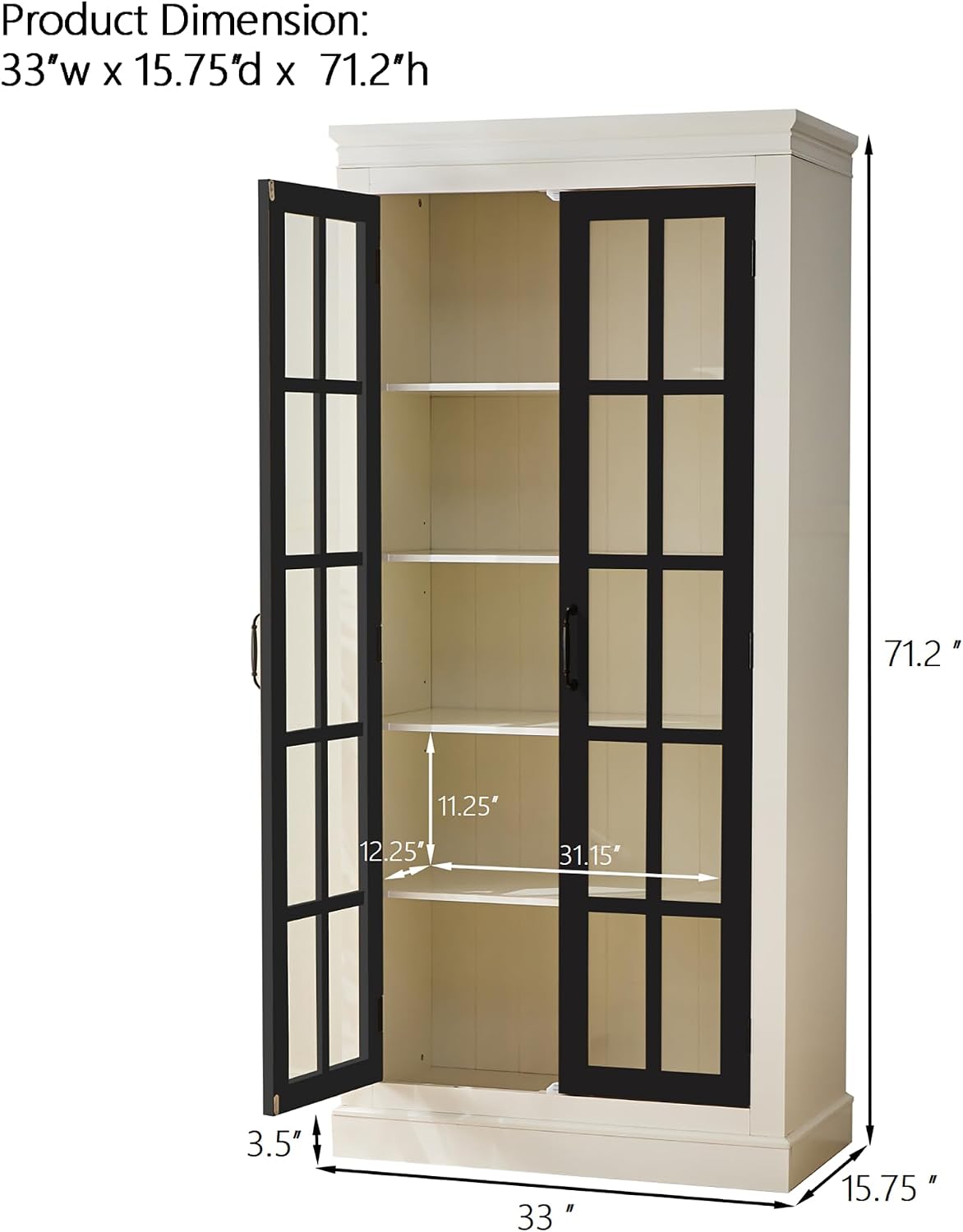 Ball & Cast 71.2' Tall Display Cabinet W/Glass Doors,Curio Cabinet W/Adjustable Shelves&Fixed Shelves for Collectibles,Trophies,Farmhouse Style Cabinets for Hallways,Living Room,Bedroom,White&Black