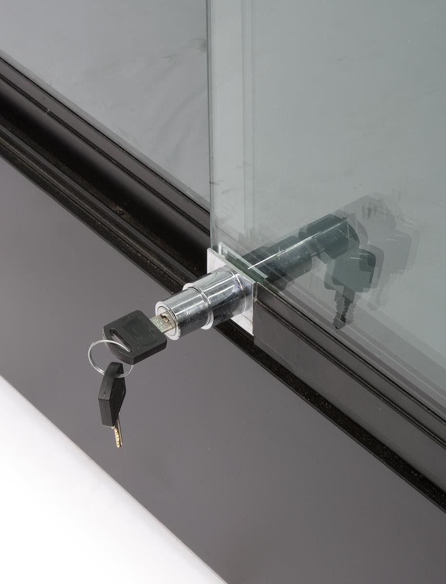 Displays2go 4' Frameless Glass Showcases with LED Lighting, Adjustable Shelves, Locking, MDF – Black (GTAP48LEDB)