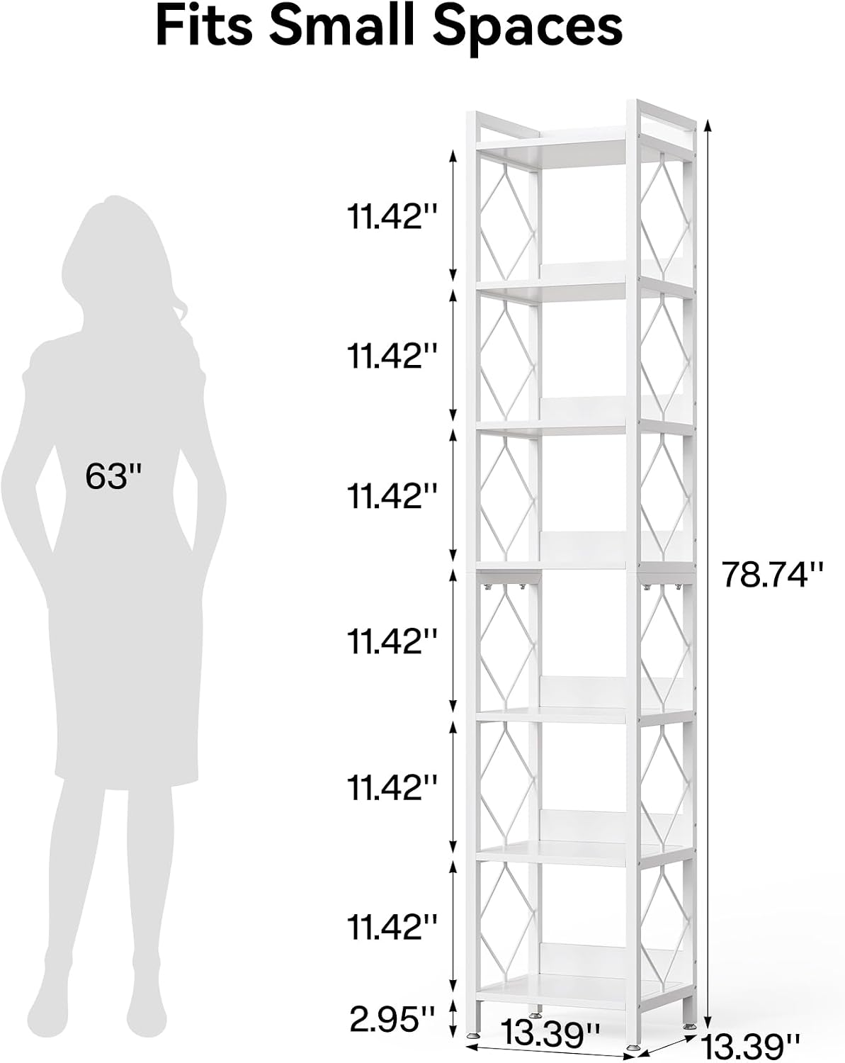 LITTLE TREE Book Shelf Set of 2, 7-Tier Tall Bookcase, Wooden Display Shelves with Metal Frame for Living Room, Modern Narrow Standing Bookshelves for Bedroom, White Office Shelf for Small Spaces