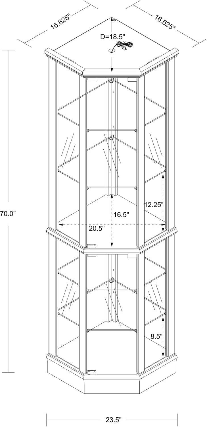 Corner Curio Cabinet, 70' Tall Lighted Glass Display Cage with Tempered Glass Doors and 5 Adjustable Shelves, Wine Bar China Cabinet for Living Room (E26 Bulb Not Inclued) (Cherry & Style 2)