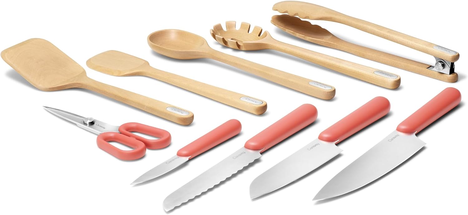 Caraway Kitchen Knife Set & Wooden Utensil Set - Made With Premium German Steel Blades & FSC-Certified Birch Wood - Non-Toxic Materials - Perracotta