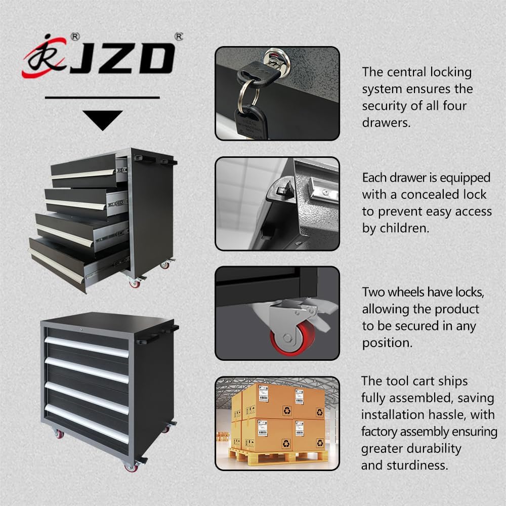 JZD Metal Rolling Tool Storage Cart on Wheels with 4 Lockable Drawers, Heavy Duty, for Garage Workshop, Black & Grey