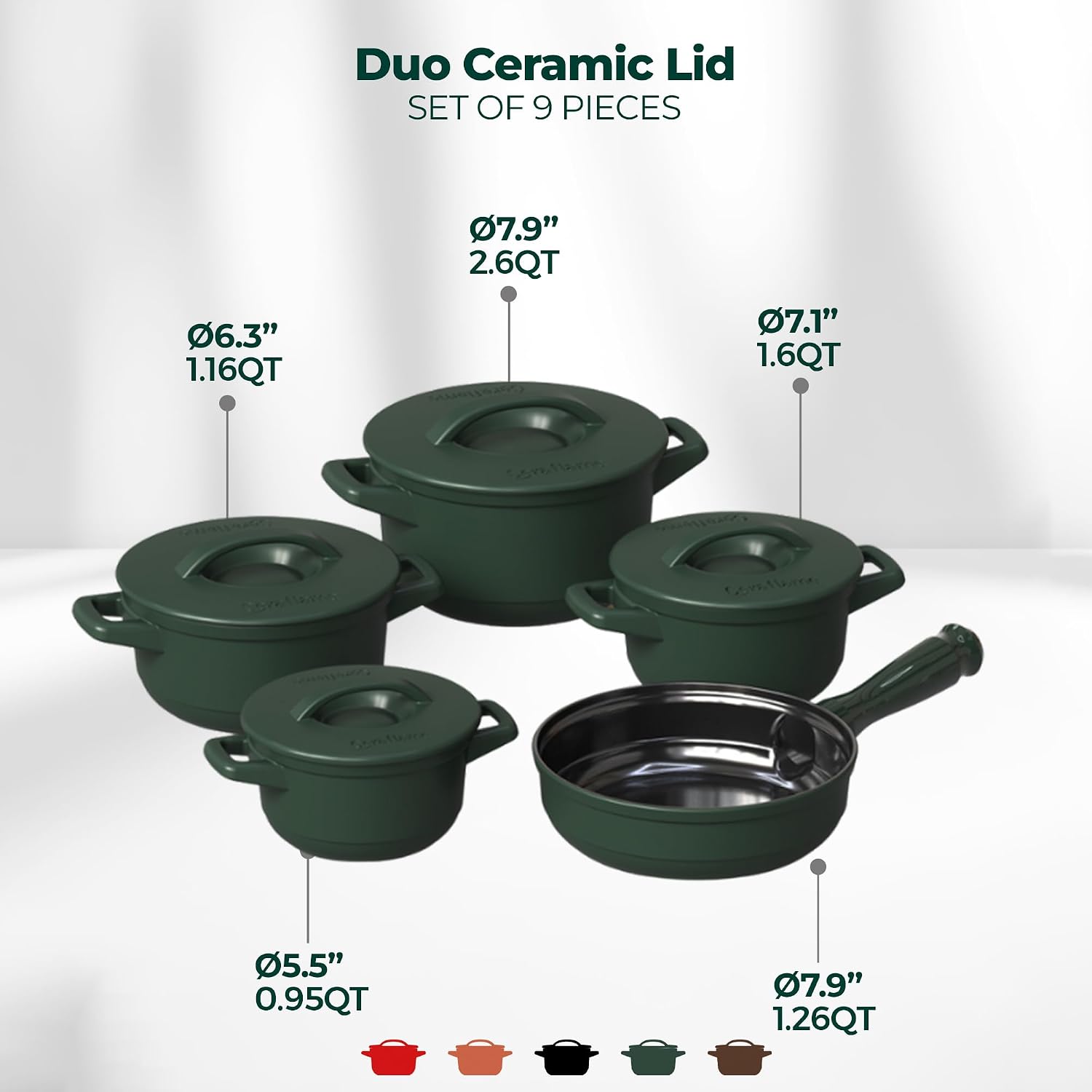 Pure Ceramic, Healthy, Non Toxic Cookware Set - Oven Safe Up to 1200F, Microwave and Dishwasher Safe, Longlasting and Lightweight - PFAS, PTFE, PFOA, PFOS - Matte Rosemary