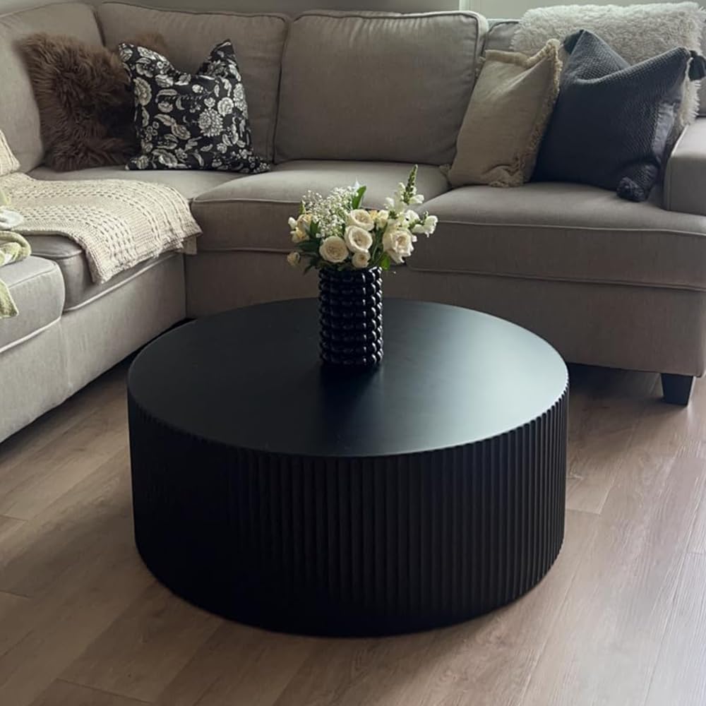 Black Round Coffee Table Set of 3 Modern Drum Circle Nesting Coffee Tables for Living Room, Contemporary Wood Fluted Embossed Round+Small Crescent Coffee Table, No Assembly, Black (3-Pcs)