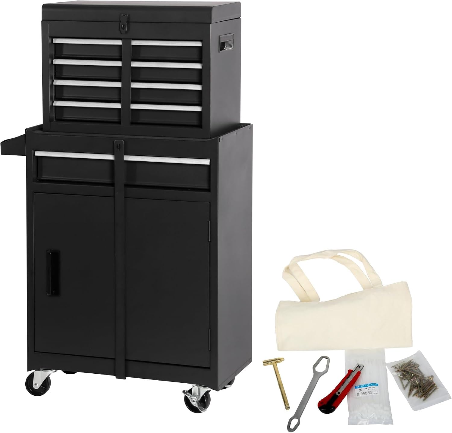 Tool Chest, 5-Drawer Rolling Tool Storage Cabinet with Detachable Top Tool Box, Liner, Universal Lockable Wheels, Adjustable Shelf, Locking Mechanism, Metal Tool Cart,154pcs Tools