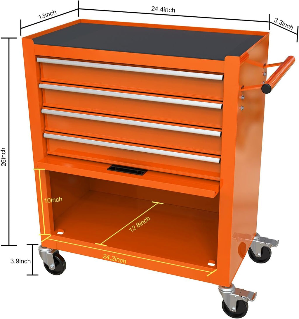 YOPTO Multifunctional Cart with 4 Ball-Bearing Drawers,Portable Rolling Tool Chest W/ 4 Wheels and Pull Handle,for Garage,Warehouse,Workshop,Repair Shop,Orange