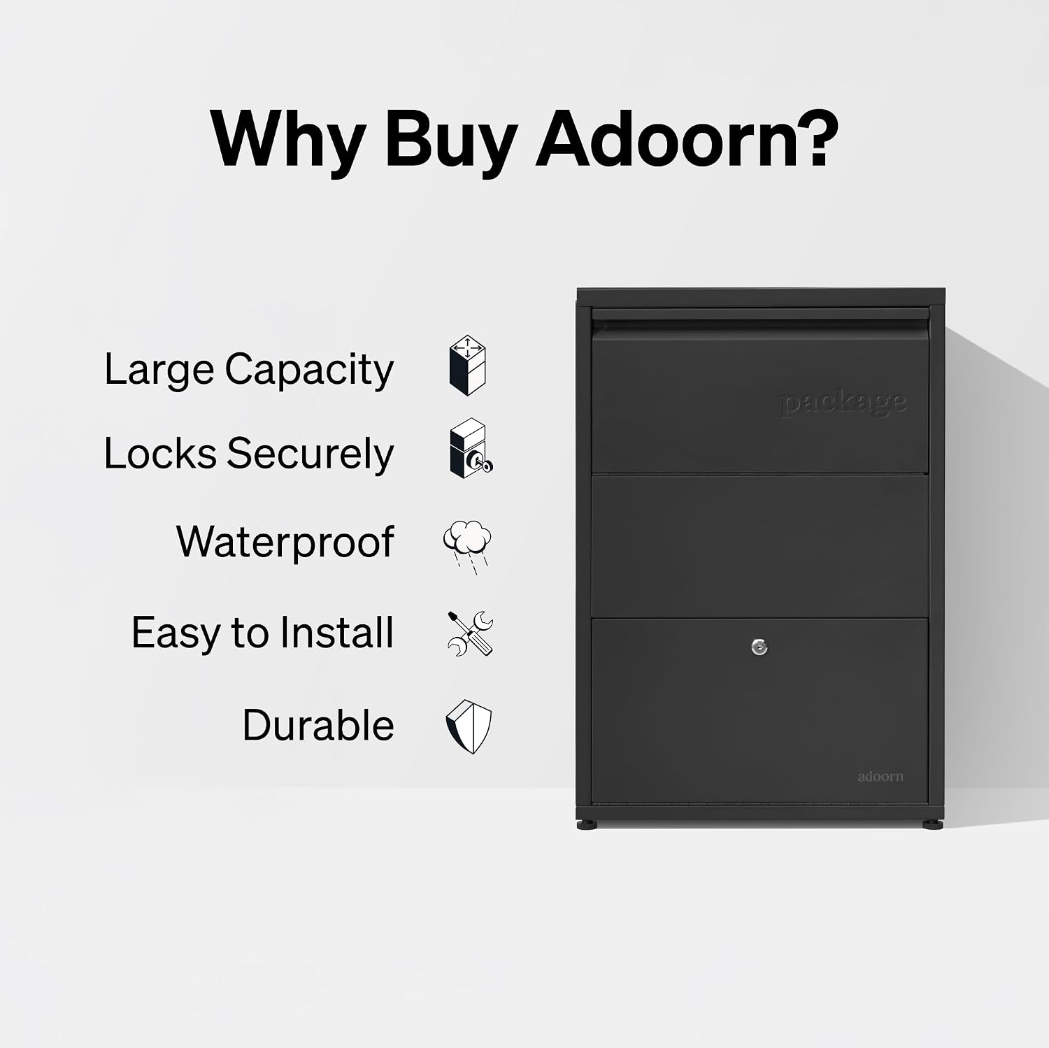 adoorn Package Delivery Boxes for Outside, Small 29.5 x 20.5 x 10.5 (HxWxD) Security Package Box, Free Standing Anti-Theft Parcel Drop Box - Black