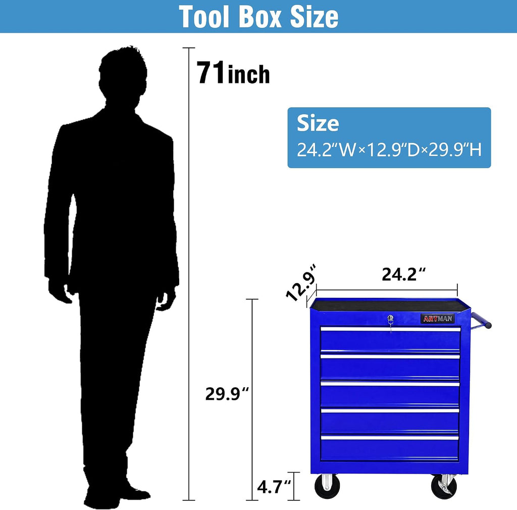 5 Drawers Tool Cart on Wheels, 5 Drawer Rolling Tool Chest with Key Lock, Trolley Organizer Tool Case, Multifunctional Rolling Tool Box for Garage,Warehouse,Workshop,Repair Shop (Blue)