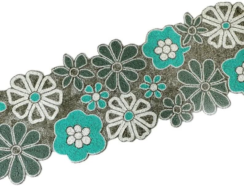 HM CREATIONS Silver floral Table Runner for Table, Dinning Table, side table Decoration runner, Floral Beaded Table Runner, Luxury Wedding Table Runner and Mats 13X36 Inches (1 Runner + 6 Placemats)