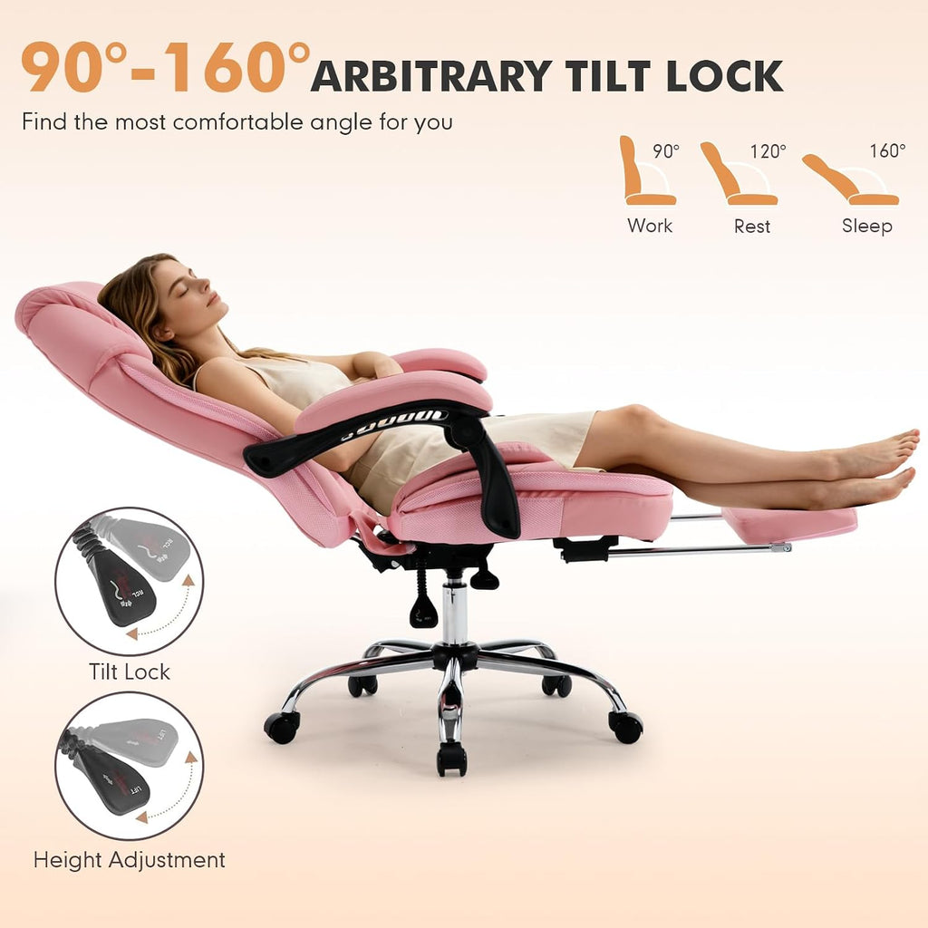 Comfy Reclining Office Chair with Footrest for Women Wide Seat Big Tall Computer Gaming Chair, 500lb Plus Size Ergonomic Recliner Office Desk Chair with Leg Rest, Pink