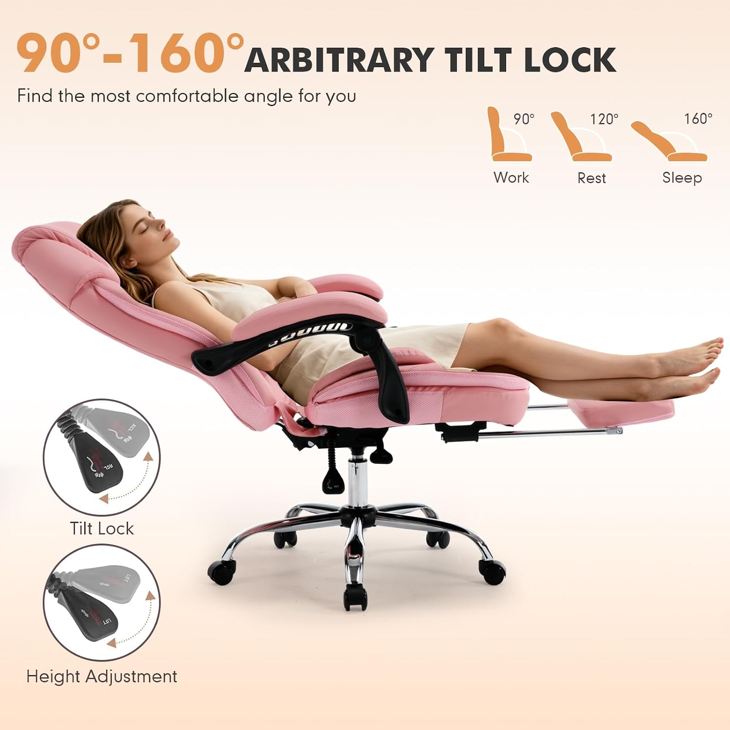 Comfy Reclining Office Chair with Footrest for Women Wide Seat Big Tall Computer Gaming Chair, 500lb Plus Size Ergonomic Recliner Office Desk Chair with Leg Rest, Pink