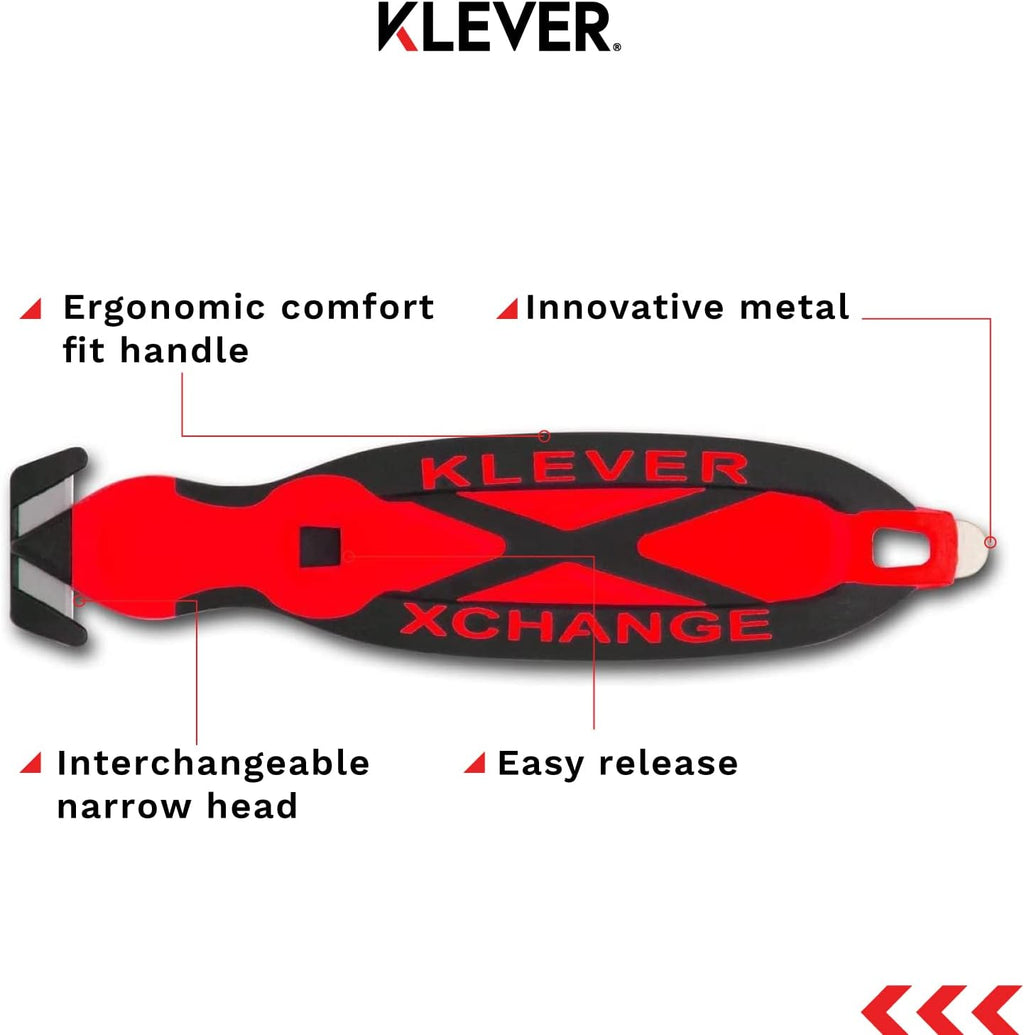 Klever X-Change Box Cutter, Klever Kutter Package Opener Narrow Cut Head, Carbon Steel Blade Utility Knife, Cuts Boxes, Film, Tape and More, Red, 10 Pack (KCJ-XC-20R)