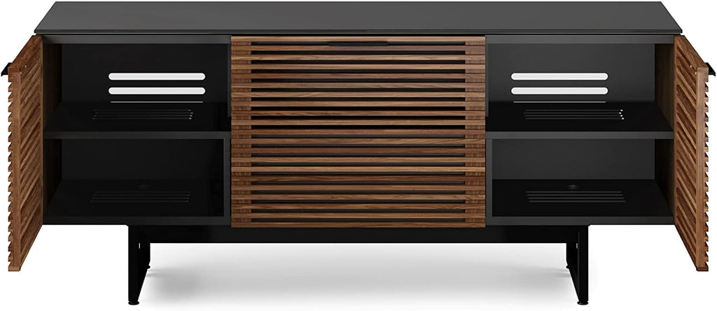 BDI Furniture Corridor 8177-65'' TV Stand for TVs up to 70' with Soundbar Shelf, Storage Drawer, Cable Management, Remote-Friendly Louver Doors, Satin-Etched Glass Top, Natural Walnut