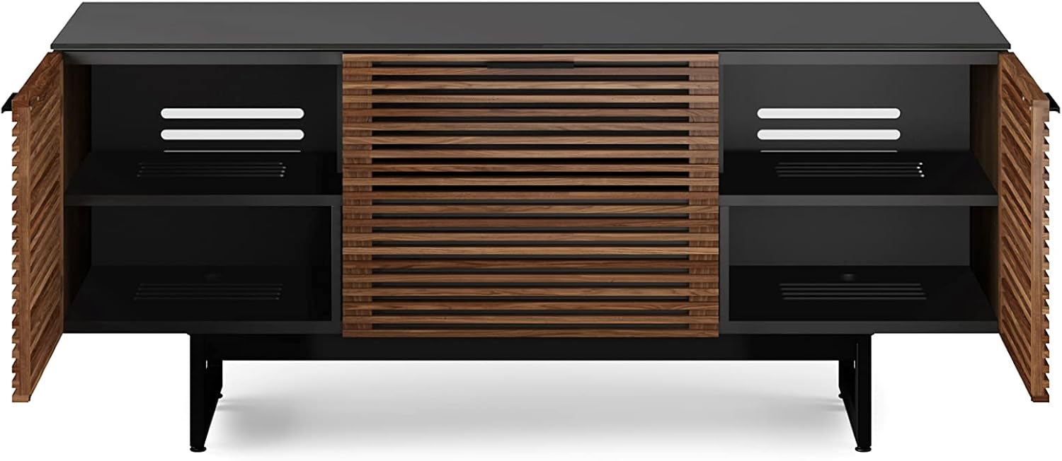 BDI Furniture Corridor 8177-65'' TV Stand for TVs up to 70' with Soundbar Shelf, Storage Drawer, Cable Management, Remote-Friendly Louver Doors, Satin-Etched Glass Top, Natural Walnut