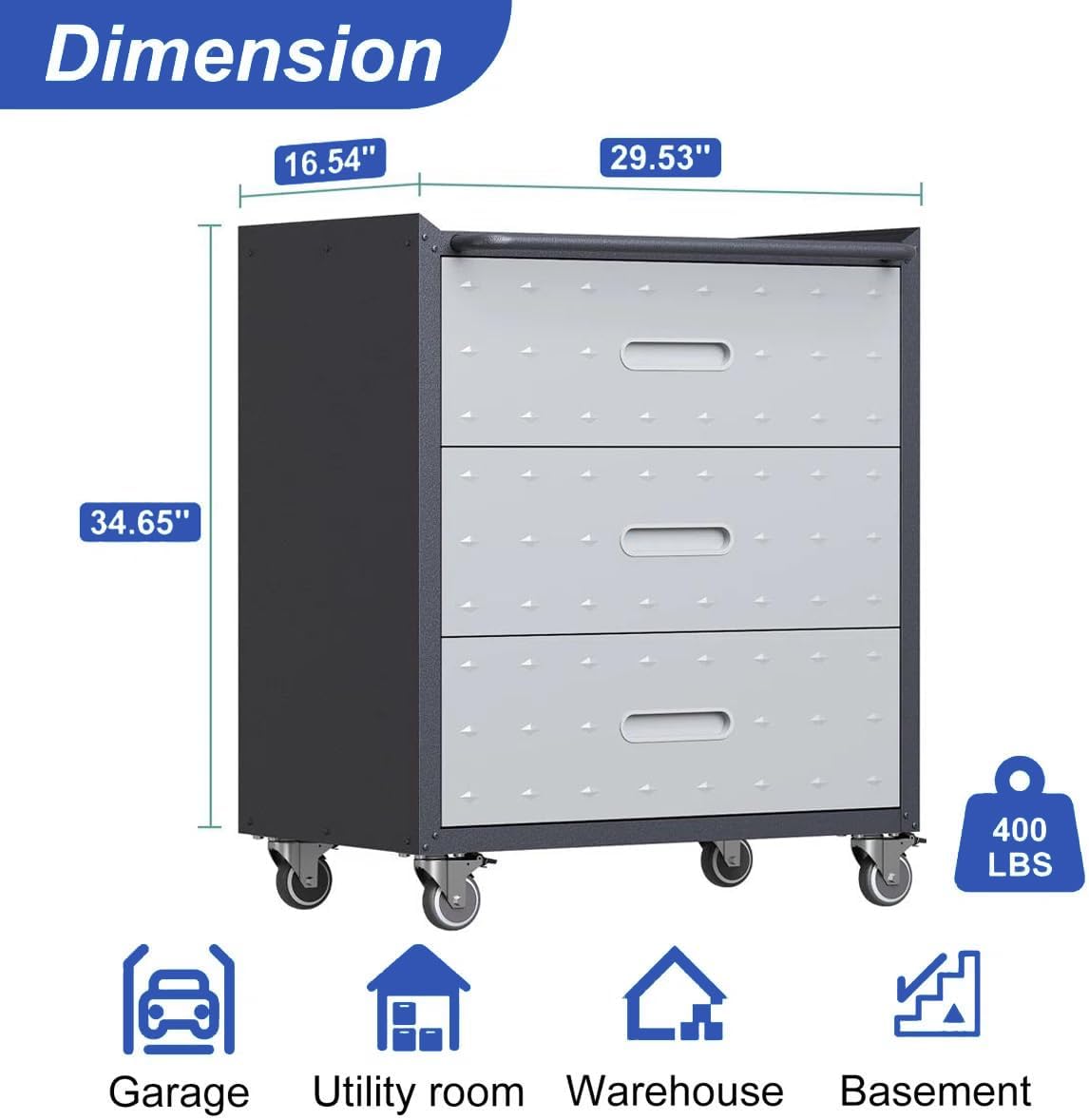 IKIMI 3 Drawer Mobile Tool Storage Cabinet,Heavy Duty Rolling Tool Chest for Garage Organization,Gray Metal Storage Cabinets on Wheels,Assembly Required