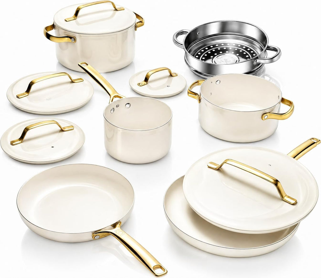 Gotham Steel Modern 11 Pc Ceramic Cookware Set, Elegantly Designed Pots and Pans Set Non Stick with Steamer, Induction Bottom, Premium Stay Cool Handles, Non Toxic PFOA Free, Oven & Dishwasher Safe